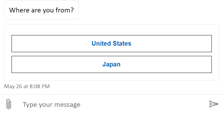 A message with an Adaptive Card, with two buttons, "United States" and "Japan".