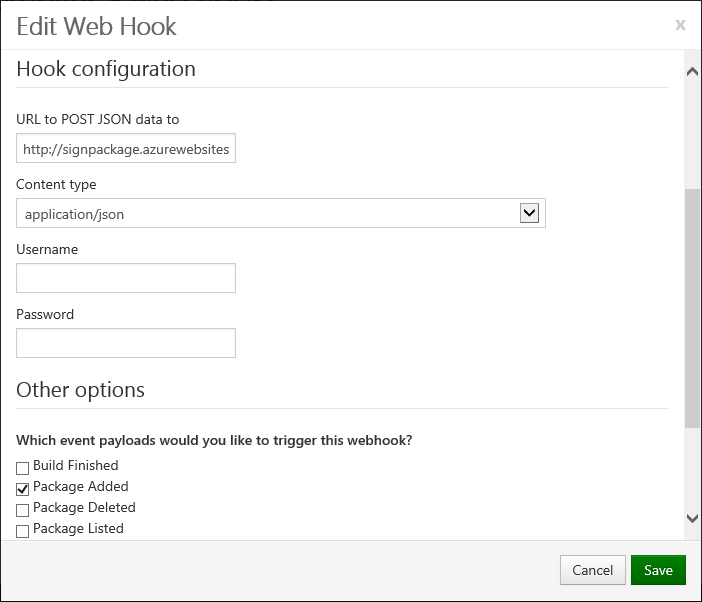 MyGet webhook configuration