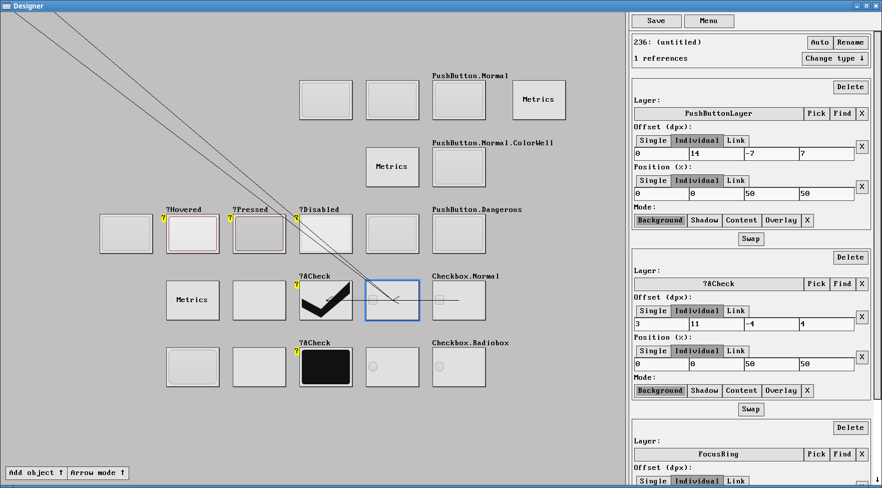 Screenshot of Designer, showing a list of layers, sequences, keyframes, properties, preview settings, and a preview of a checkbox being edited.