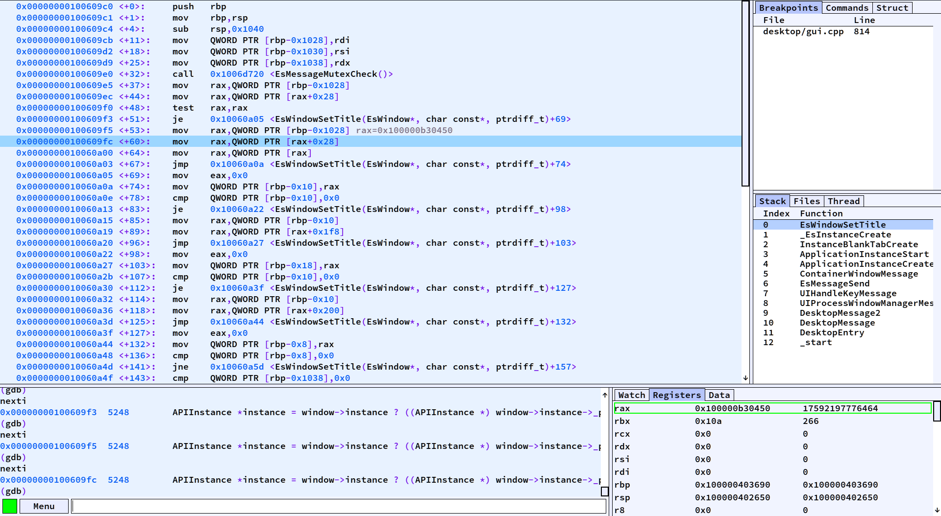 Another screenshot, showing the disassembly and register windows.