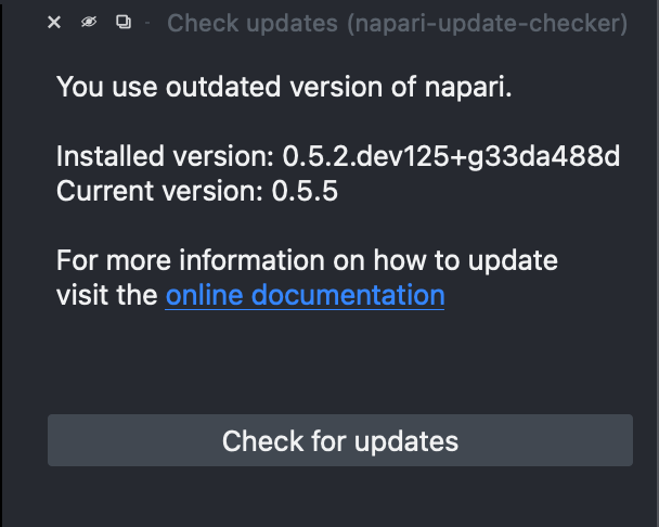 Screenshot of the napari-update-checker widget