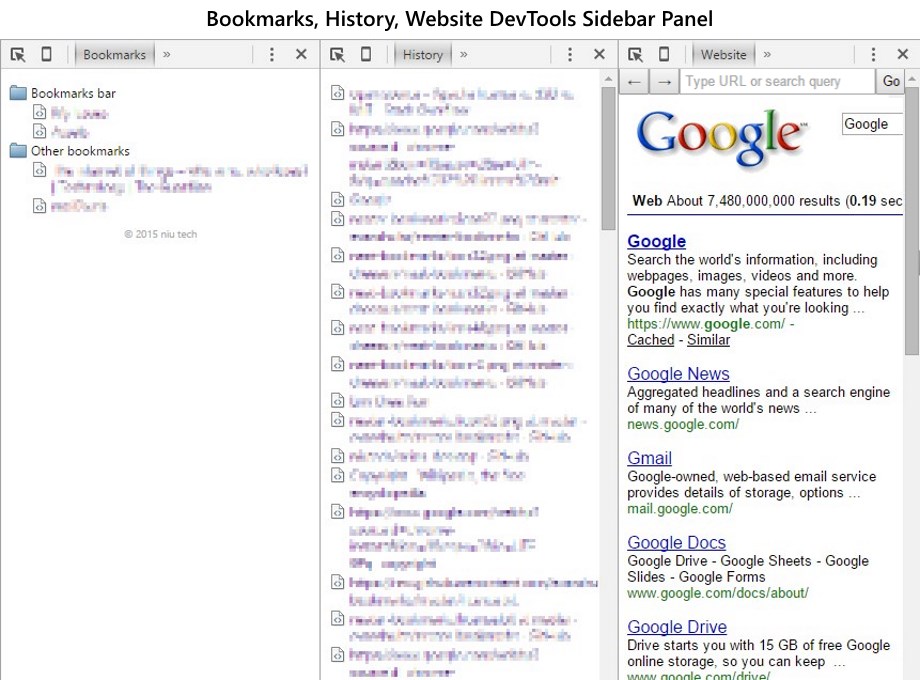 Screenshot of Bookmarks, History, Website DevTools Sidebar Panel