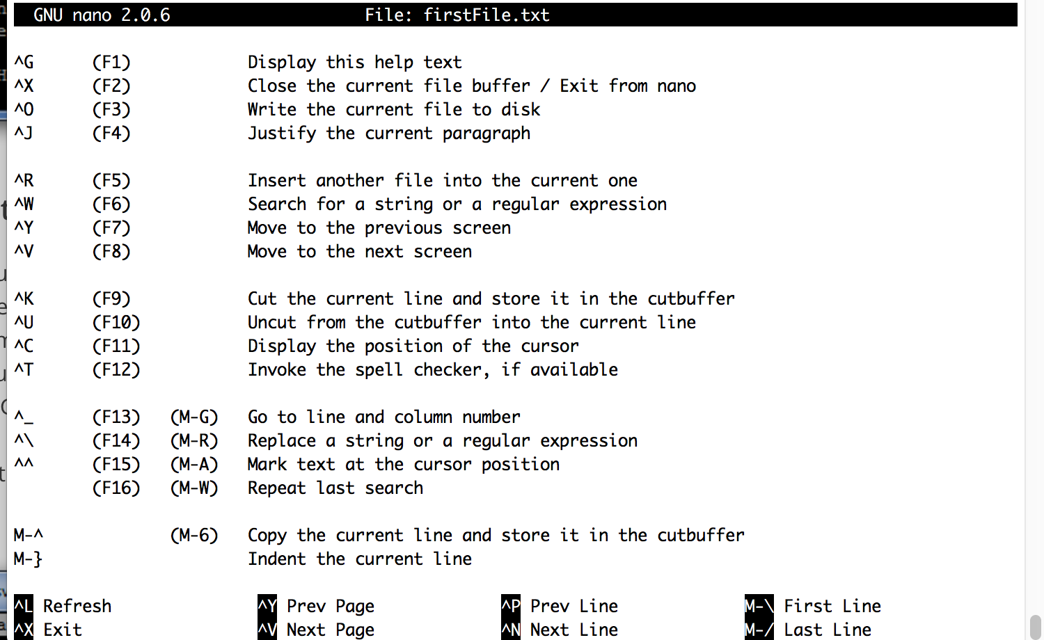 The help menu displays a listing of useful commands.