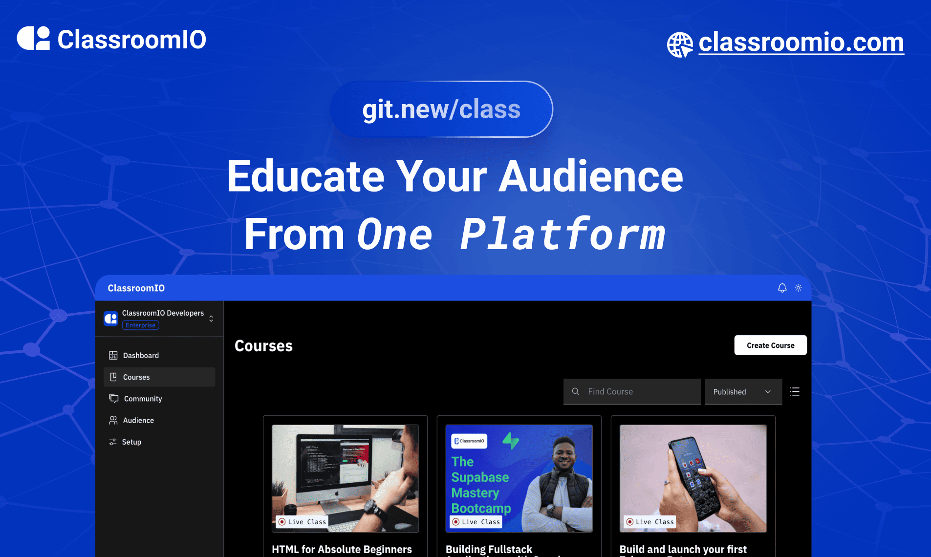 ClassroomIO is a no-code tool that allows you build and scale your online bootcamp with ease.