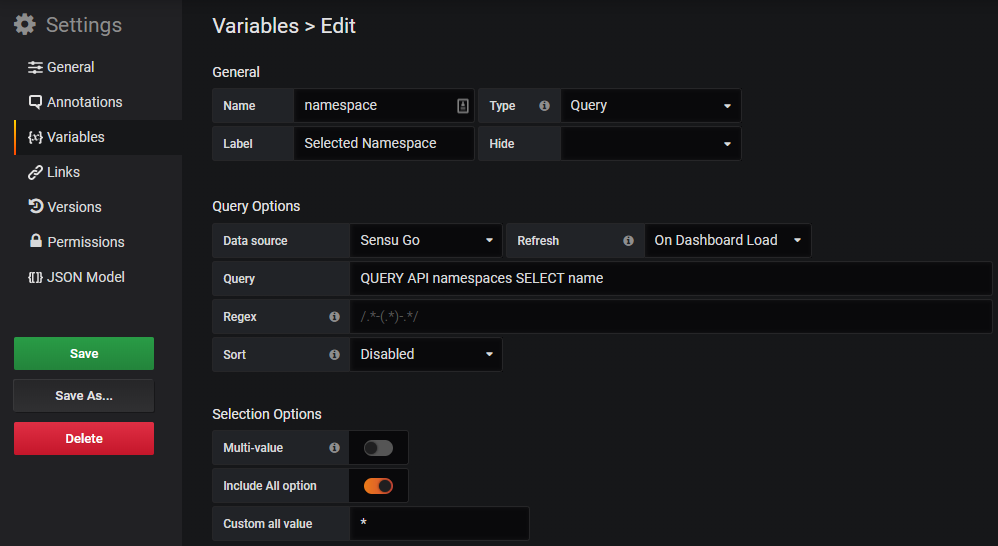 Configuration of a namespace template variable with custom All-option.