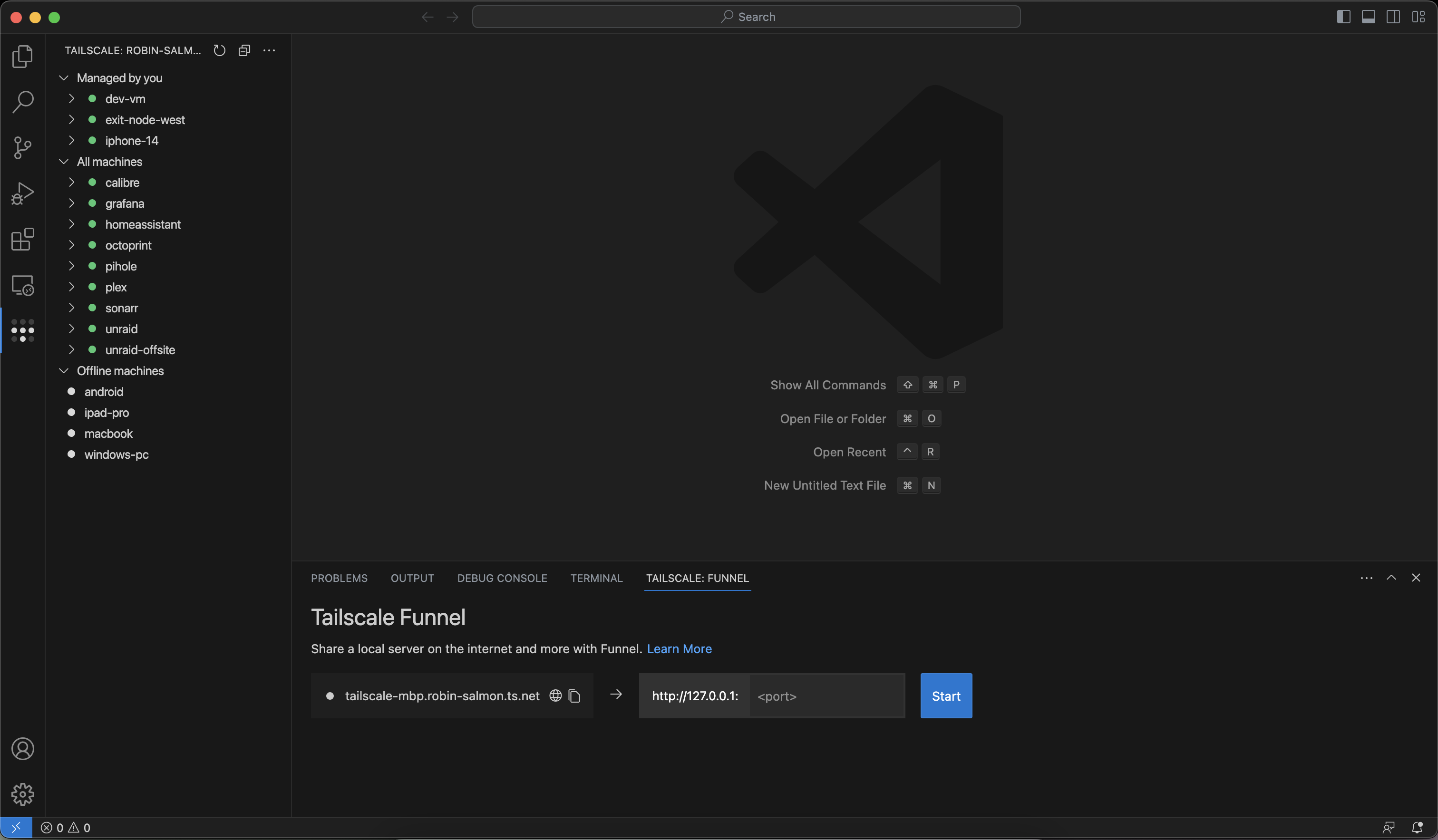 VS Code with the Tailscale Machine Explorer expanded, showing a tailnet with a variety of services