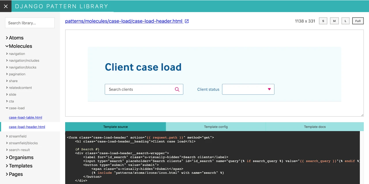 Screenshot of the pattern library UI, with navigation, pattern rendering, and configuration