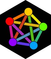 5 nodes in pentagon shape with all diagonals, multicoloured. Logo created to represent the Fediverse