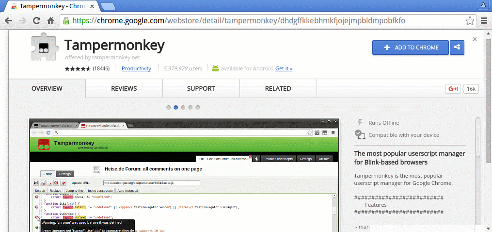 Screenshot of Tampermonkey page in Chrome Web Store