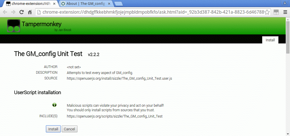 Screenshot of Tampermonkey script installation
