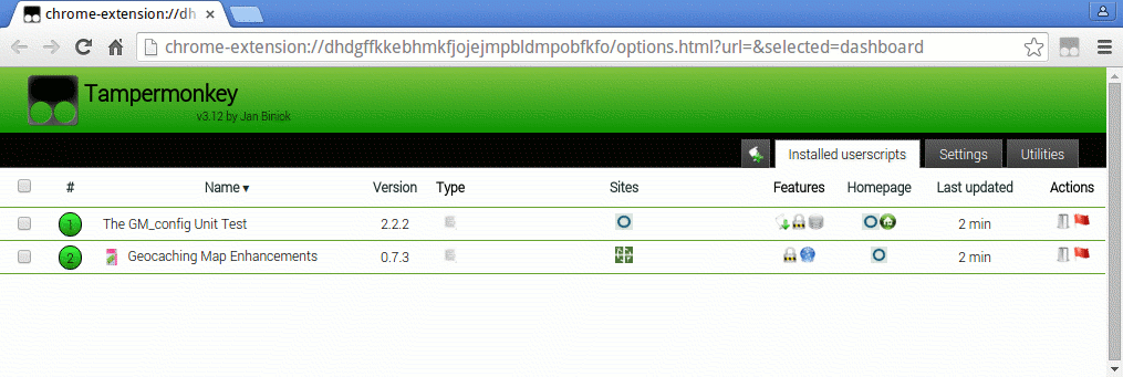 Screenshot of Tampermonkey Dashboard