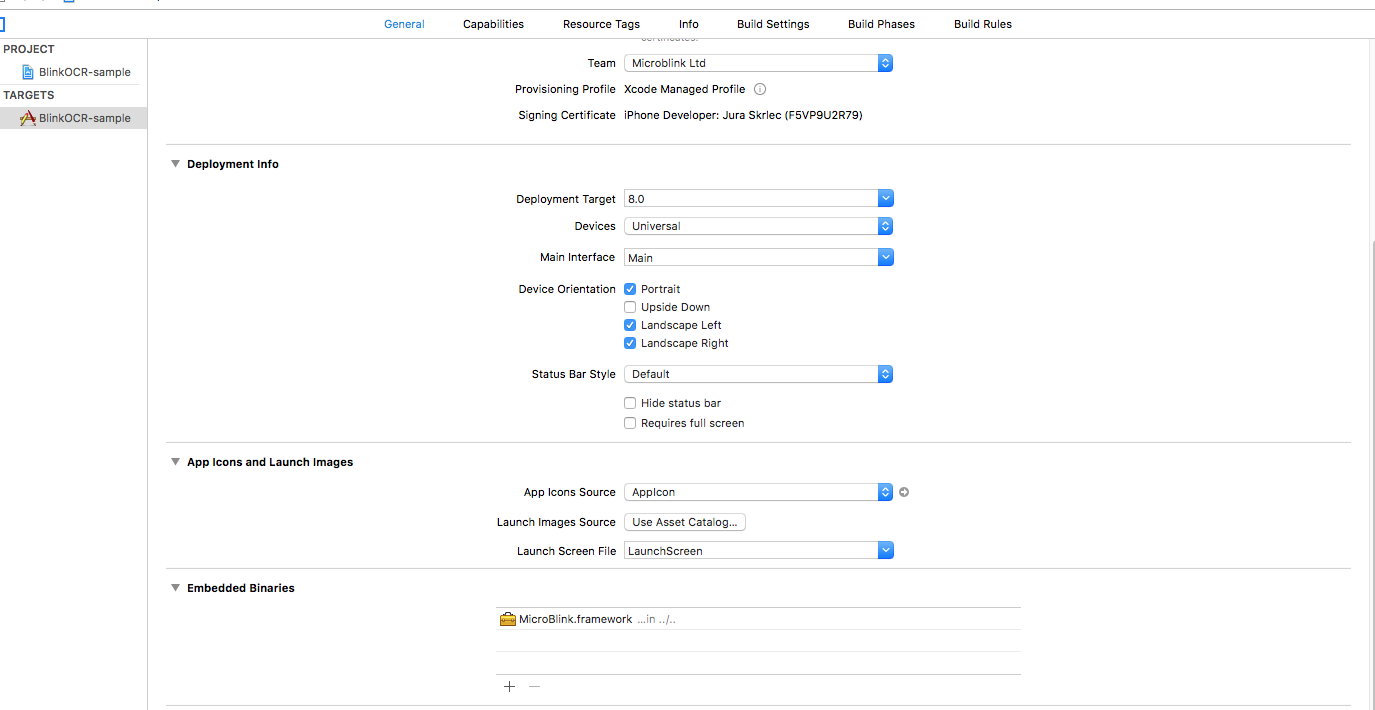 Adding MicroBlink.framework to embedded binaries