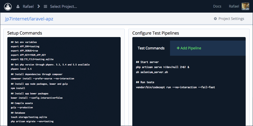 Codeship test settings