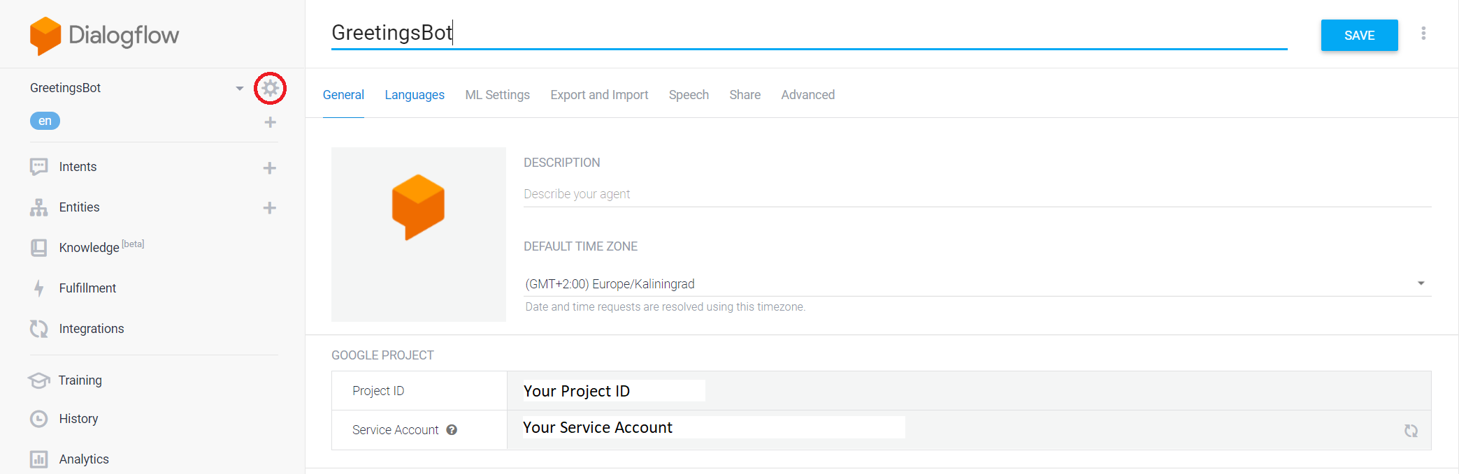 GreetingsBot DialogFlow Configuration