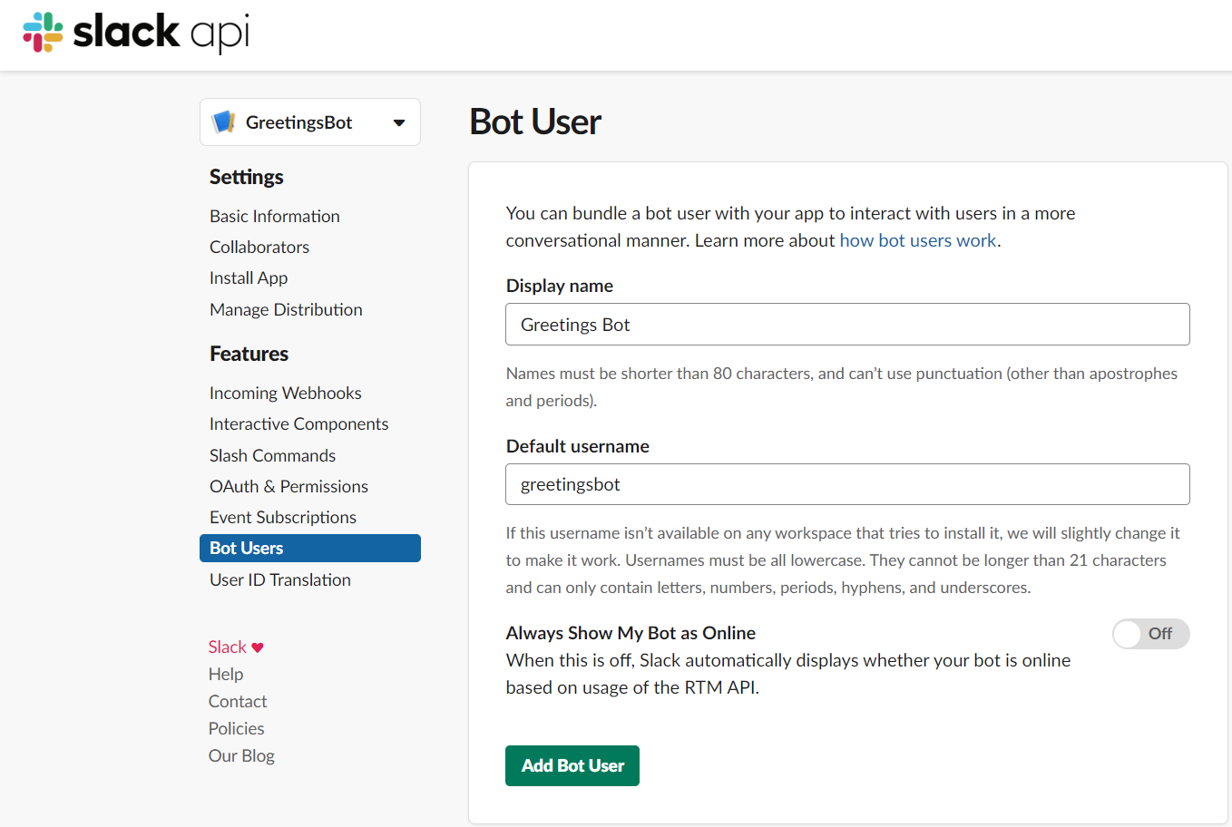 GreetingsBot's Bot User Information